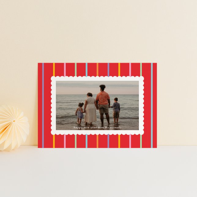 Simple Stripes and Scallops Landscape Photo Holiday Card (new year card red with bright colored vertical stripes and family photo in a white scalloped frame)