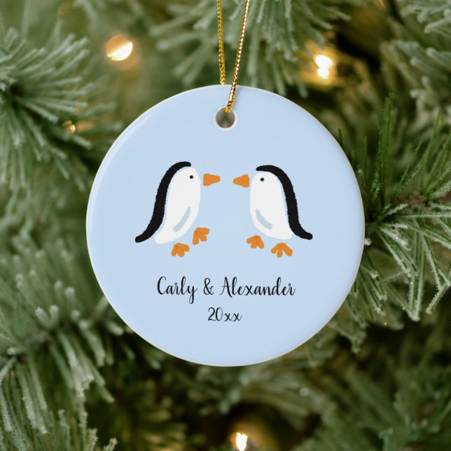 Simple Stylised Penguin Couple Custom Christmas Ceramic Tree Decoration (Tree)