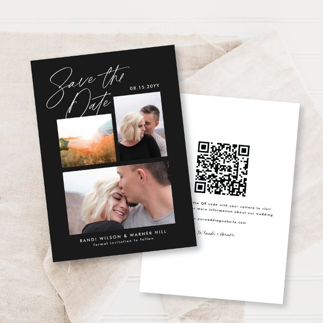 Simple & Stylish Black Three Photo Handwritten Save The Date (Creator Uploaded)