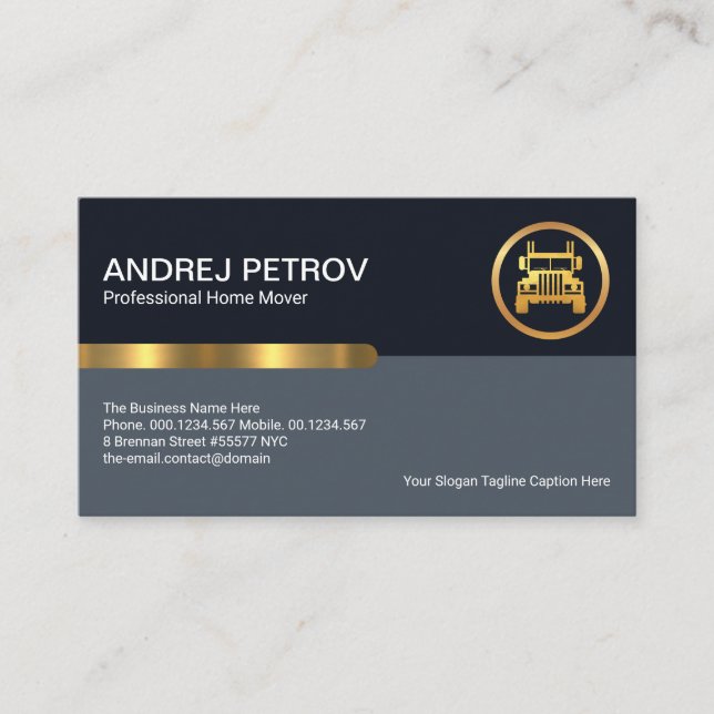 Simple Stylish Blue Layers Gold Stripe Home Mover Business Card (Front)