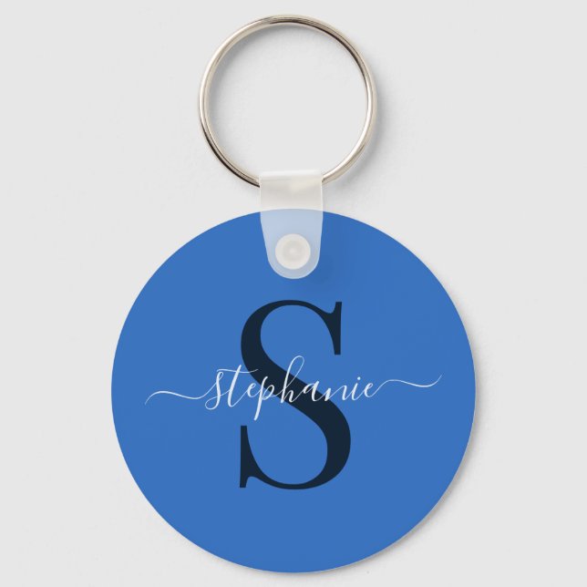 Simple Stylish Blue Monogram Initial First Name Key Ring (Front)
