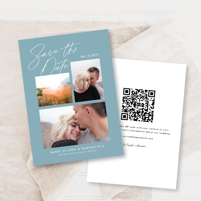 Simple & Stylish Blue Three Photo Handwritten Save The Date (Creator Uploaded)