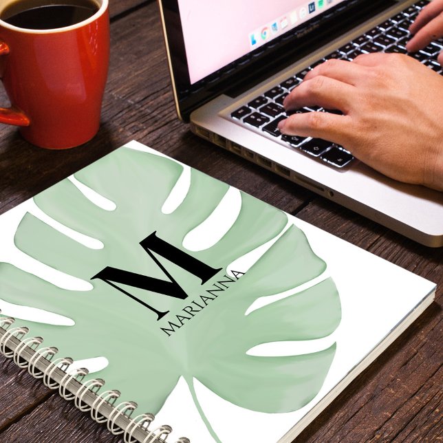 Simple Stylish Chic Tropical Green Palm Leaves Notebook (Simple minimalist botanical tropical palm leaf monogram and name notebook)