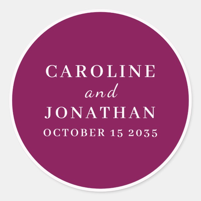 SIMPLE STYLISH ELEGANT WINE CUSTOMIZED WEDDING CLASSIC ROUND STICKER (Front)