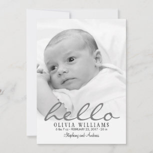 Simple Stylish Grey Modern Hello Baby Birth Photo Announcement