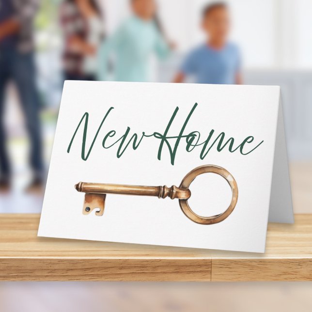 Simple Stylish Key Modern New Home Card (A stylish card with 'New Home' words in elegant script typography and a classic door key picture)