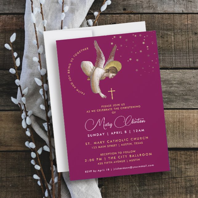 Simple Stylish Magenta Burgundy Gold Christening Invitation (Creator Uploaded)