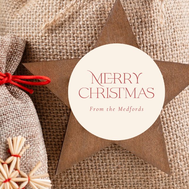 Simple Stylish Merry Christmas | Red Ivory Classic Round Sticker (Creator Uploaded)