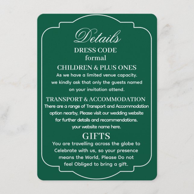 SIMPLE STYLISH MODERN PERSONALIZED WEDDING DETAILS ENCLOSURE CARD (Front)