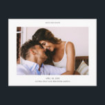 Simple Stylish Modern Photo Wedding Save the Date Announcement Postcard<br><div class="desc">This simple, stylish modern horizontal format photo wedding save the date postcard template features a simple, clean look with simple typography. The minimalist look is enhanced by white space on each side. On the front, you might choose to change the font, punctuation or colour used for your names or your...</div>