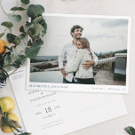 Simple Stylish Modern Photo Wedding Save the Date  Invitation Postcard<br><div class="desc">This simple, stylish modern photo wedding save the date postcard template features your names, date and wedding locale beneath your photo. The default text color on both sides is an elegant medium dark shade of blue. You might choose to change the font, punctuation or color used for various text elements...</div>