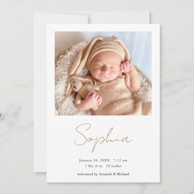 Simple Stylish Modern Script Boy or Girl Birth Announcement (Front)