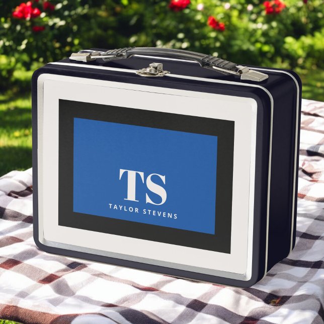Simple Stylish Monogram Colour Block Blue Black Metal Lunch Box (Creator Uploaded)