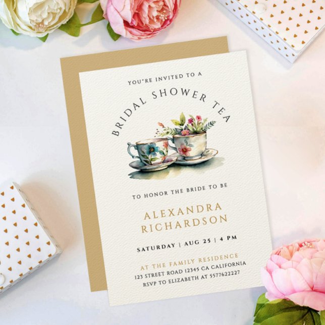 Simple Stylish Pastel Gold Bridal Tea Watercolor  Invitation (Creator Uploaded)