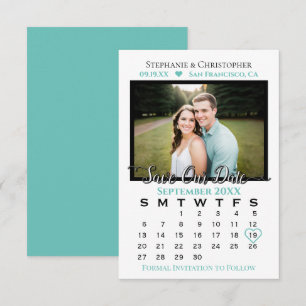 Simple Stylish Photo & Calendar Aqua Teal Wedding Save The Date