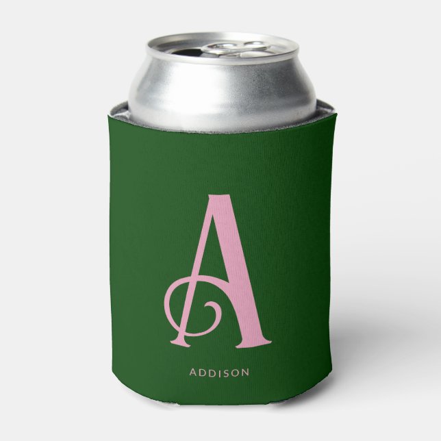Simple Stylish Pink Monogram Initial on Dark Green Can Cooler (Can Front)