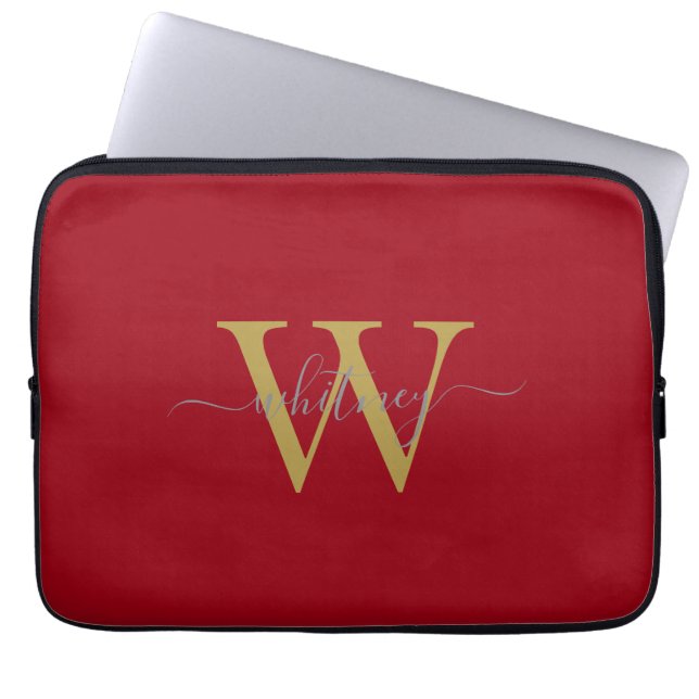 Simple Stylish Red Monogram Name & Initial Laptop Sleeve (Front)