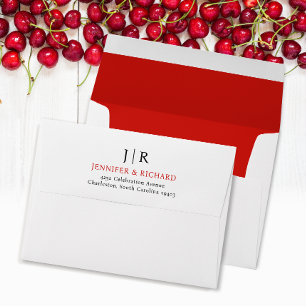 Simple Stylish Red White Wedding Address Monogram Envelope