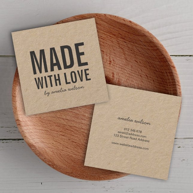 Simple Stylish Rustic Made with Love Kraft Square Business Card (Creator Uploaded)