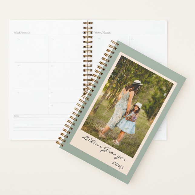 Simple Stylish Sage Green Personalised Photo 2025 Planner (Display)