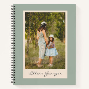 Simple Stylish Sage Green Personalised Photo Name Notebook