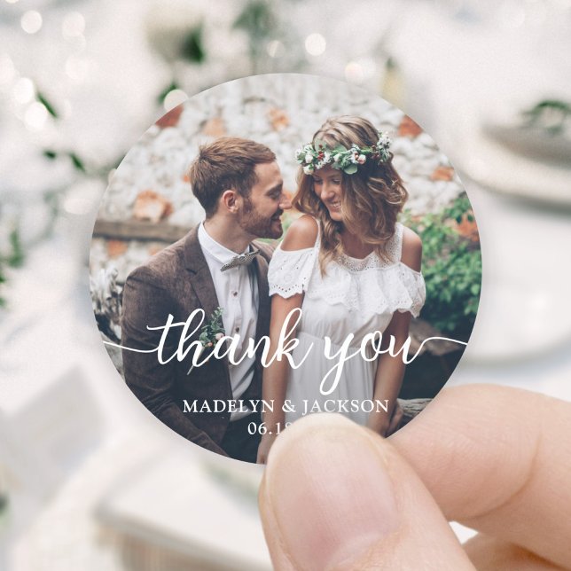 Simple Stylish Script and Photo Wedding Thank You Classic Round Sticker (Creator Uploaded)