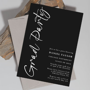 Simple Stylish Script Black White Graduation Party Invitation