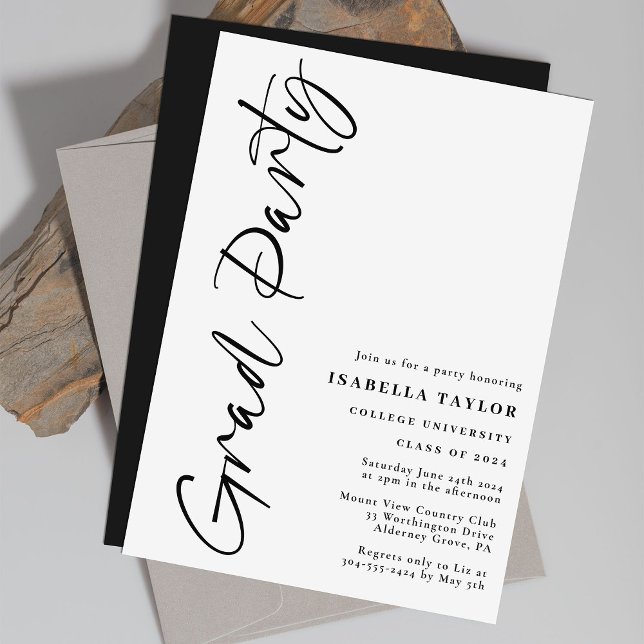 Simple Stylish Script Black White Graduation Party Invitation (Creator Uploaded)
