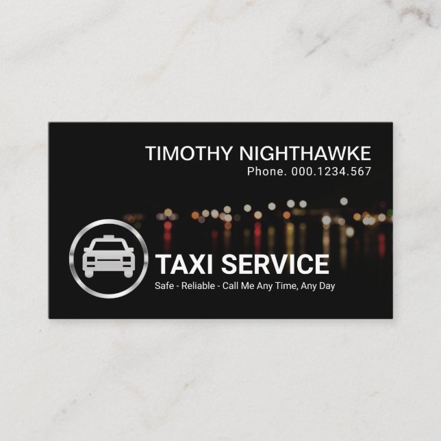 Simple Stylish Traffic Lights Bokeh Night Taxi Business Card (Front)
