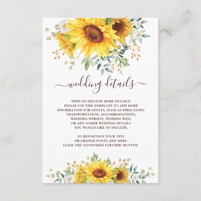 Simple Stylish Watercolor Sunflower Garden Details Enclosure Card (Front)