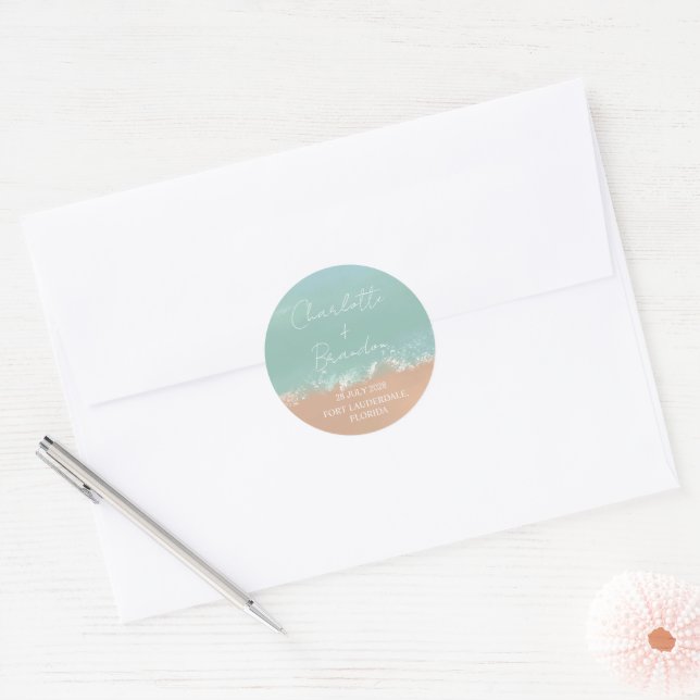 Simple Summer Seaside Beach Wedding Favours Classic Round Sticker (Envelope)