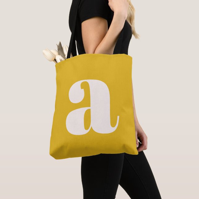 Simple Summer Yellow Bold Retro Monogram Initial Tote Bag (Close Up)