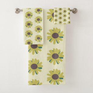 Simple Sunflower Brown Green Yellow Flower Pattern Bath Towel Set