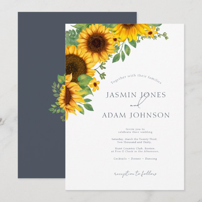 Simple Sunflower Floral Slate Blue Wedding Invitation (Front/Back)