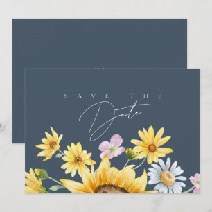 Simple Sunflower Floral Slate Blue Wedding Save The Date