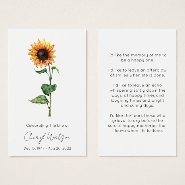 Simple Sunflower Funeral Memorial Prayer Card (Front & Back)