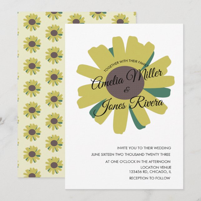 Simple Sunflower Script Greenery Yellow Wedding Invitation (Front/Back)