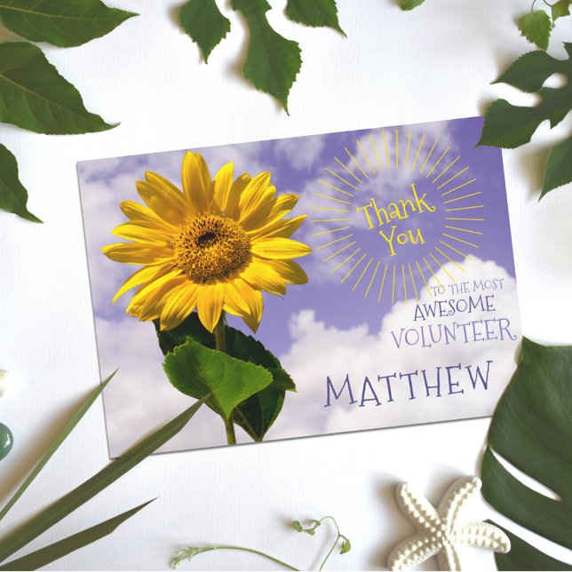 Simple Sunflower & Sunrays Thanks Rustic Volunteer Thank You Card (Creator Uploaded)