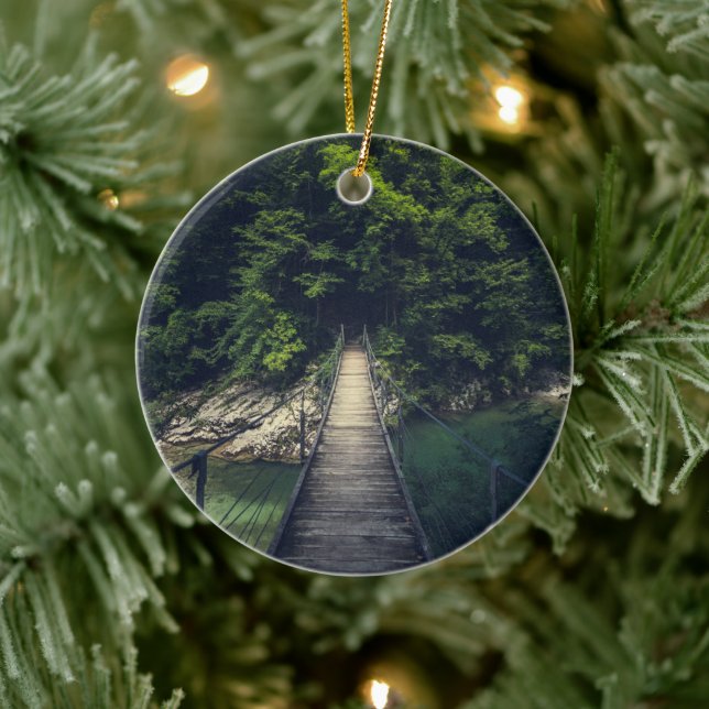 Simple suspension bridge over river Idrijca, Slove Ceramic Tree Decoration (Tree)