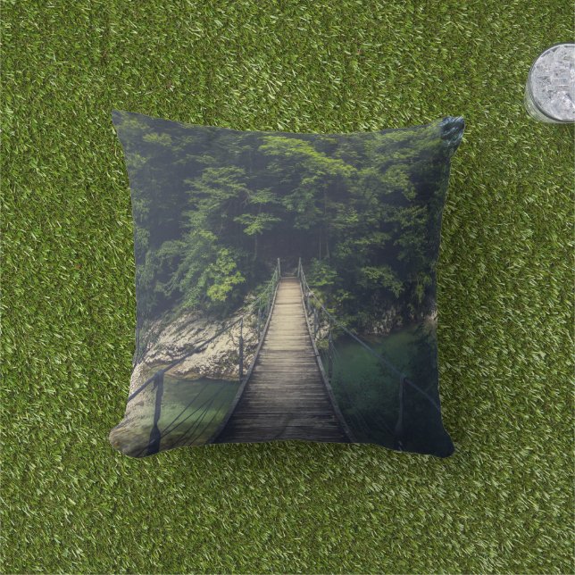 Simple suspension bridge river Idrijca, Slovenia Cushion (Grass)