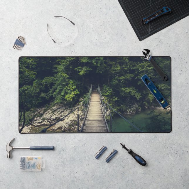 Simple suspension bridge river Idrijca, Slovenia Desk Mat (Workstation)