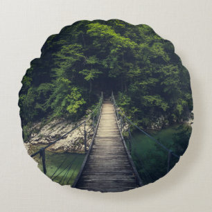 Simple suspension bridge river Idrijca, Slovenia Round Cushion