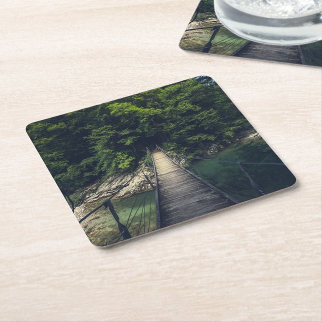 Simple suspension bridge river Idrijca, Slovenia Square Paper Coaster (Angled)