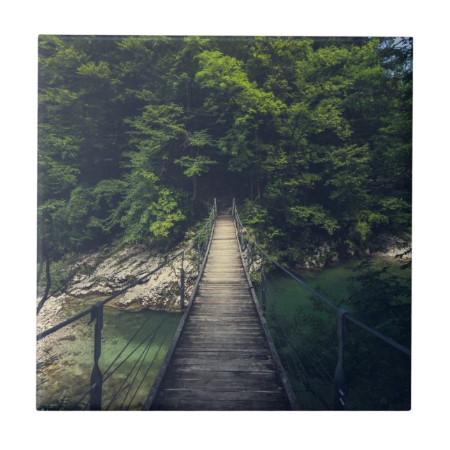 Simple suspension bridge river Idrijca, Slovenia Tile (Front)