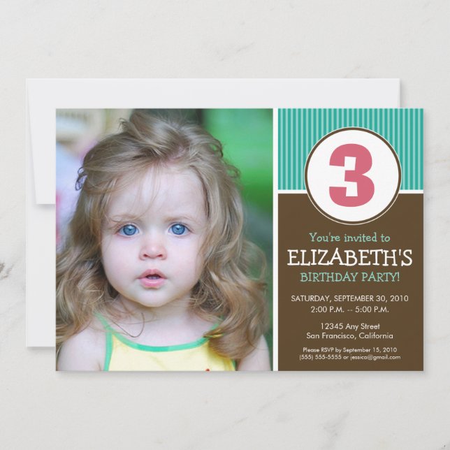 Simple & Sweet Chocolate/Aqua Birthday Invite (Front)