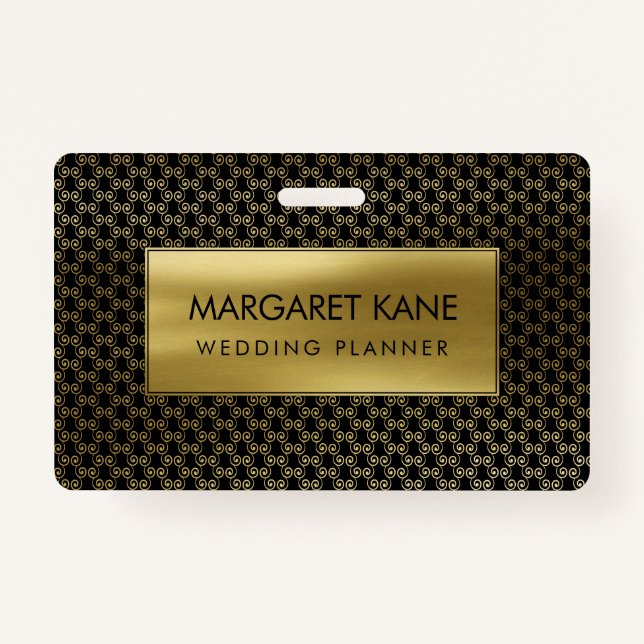 Simple Swirl Pattern Gold on Black ID Badge (Front)