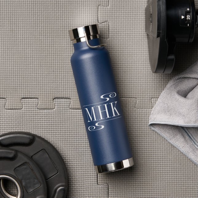 Simple Swirls Monogram Initials White Water Bottle (Gym (Rotated))