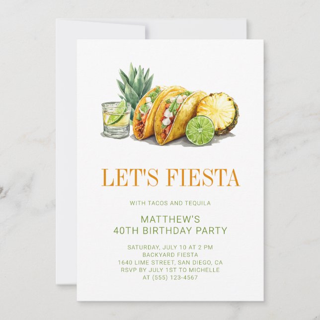 Simple Tacos Mexican Fiesta 40th Birthday Party Invitation (Front)