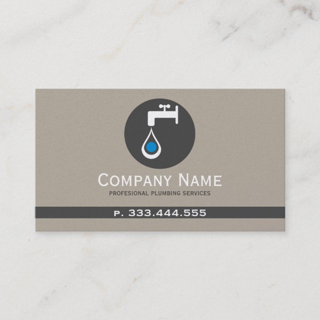 Simple Tan & Grey Plumbing Services Business Card (Front)