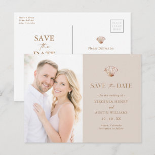 Simple Tan Seashell Beach Save the Date Postcard
